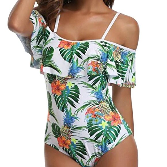 Tempt Me White Pineapple Tropical Off Shoulder Flounce One Piece Swimsuit Size L - Picture 1 of 7